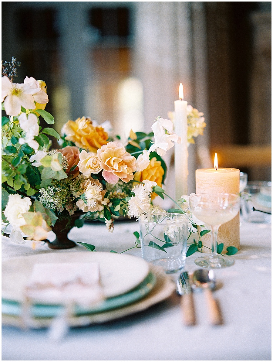 Jardin de Buis Romantic Wedding Styled Shoot Pillar Candles and Taper Candles © Bonnie Sen Photography