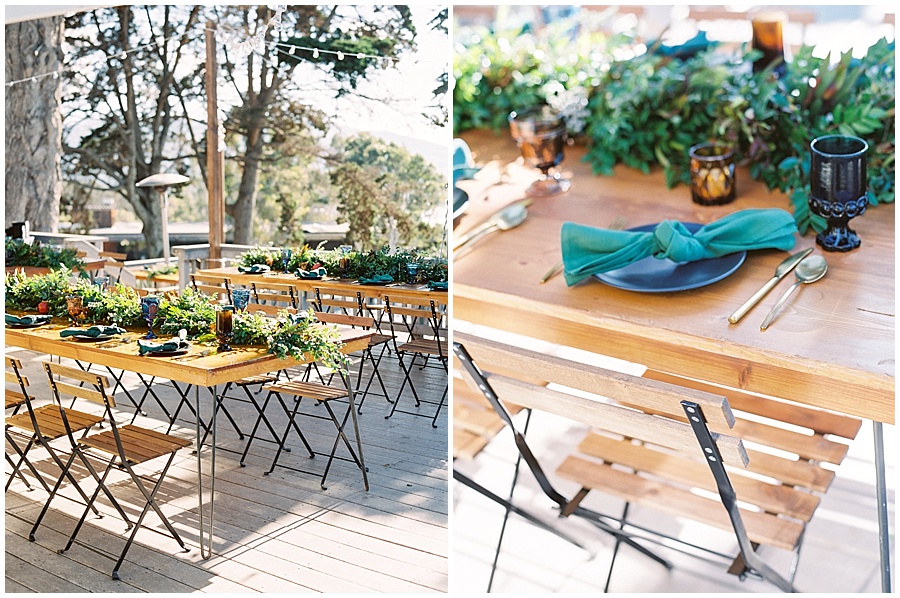 Hairpin Farm Tables Outdoor Wedding Tables Garland © Bonnie Sen Photography