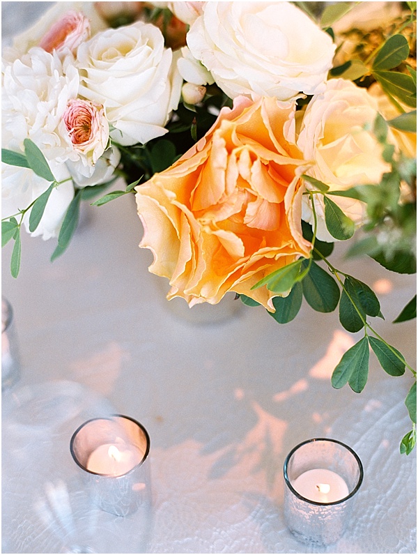 Peach Flower Centerpiece Mercury Glass Votives Sidra Forman © Bonnie Sen Photography