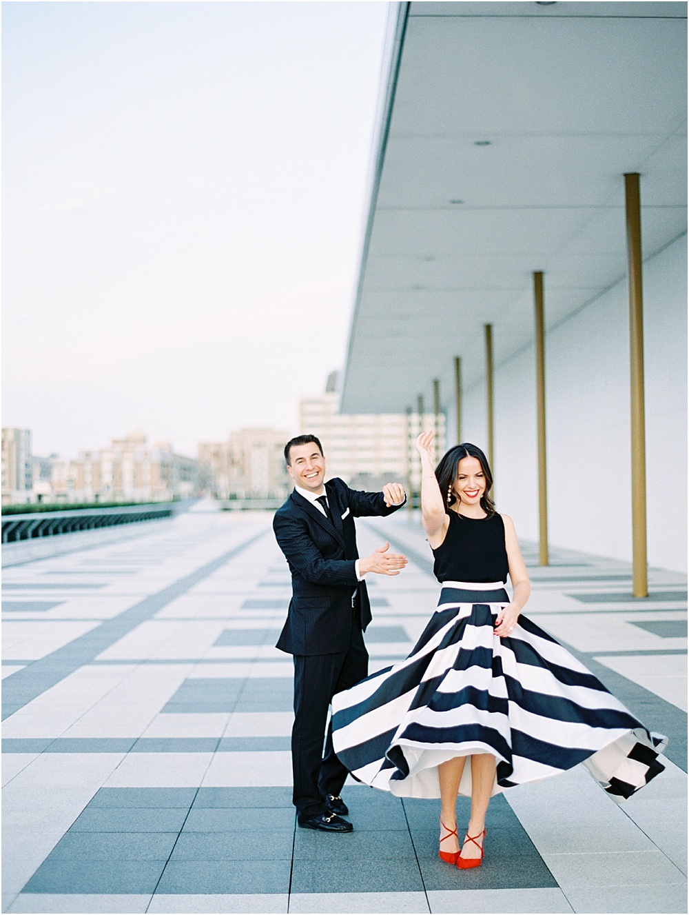 Black and White Stripe Dress Twirl Kennedy Center Washington DC Engagement Shoot © Bonnie Sen Photography