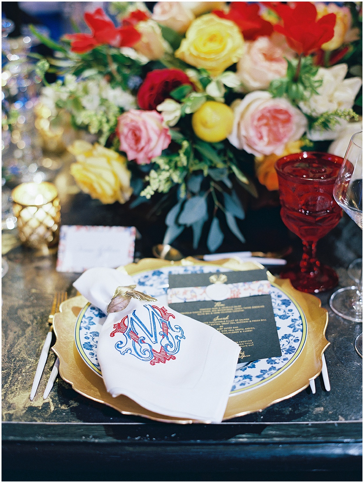 Italian Inspired Wedding Details Monogrammed Napkin Ornate Place Settings © Bonnie Sen Photography