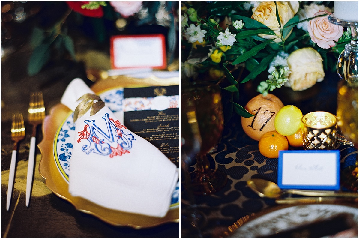 Italian Inspired Wedding Details Monogrammed Napkin Ornate Place Settings Grit and Grace © Bonnie Sen Photography