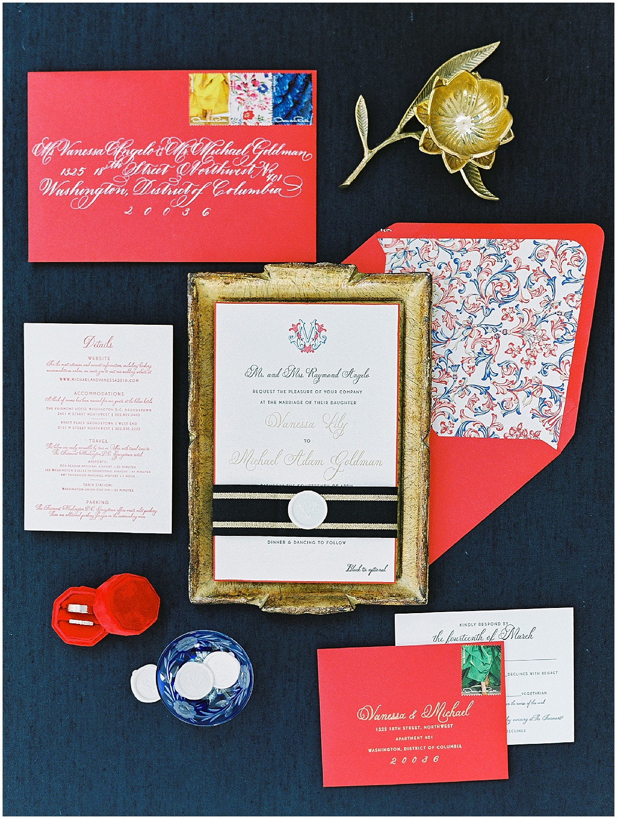 Red Elegant Haute Papier Wedding Invitations Laura Hooper Calligraphy White Calligraphy © Bonnie Sen Photography