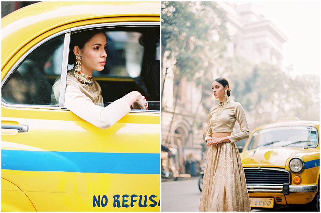 Calcutta Fashion Shoot Yellow Cabs with Bridelan © Bonnie Sen Photography