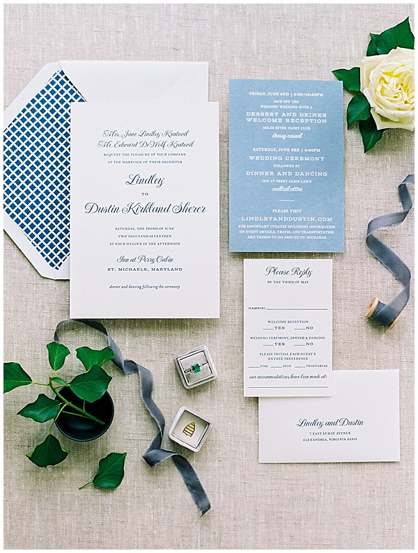 Blue and White Wedding Invitations by The Dandelion Patch Inn at Perry Cabin Wedding © Bonnie Sen Photography