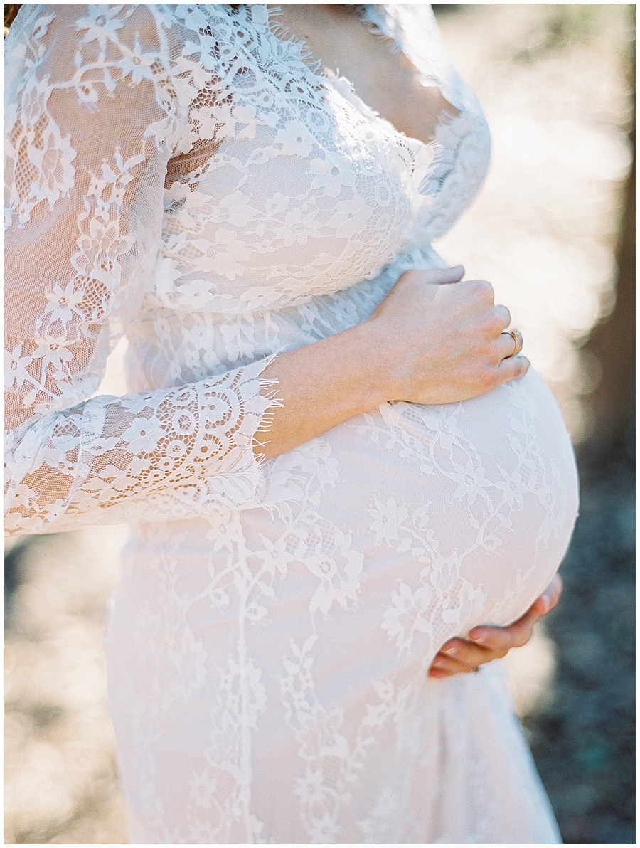 White Lace Dress for Fine Art Film Maternity Shoot at Washington DC Supreme Court © Bonnie Sen Photography