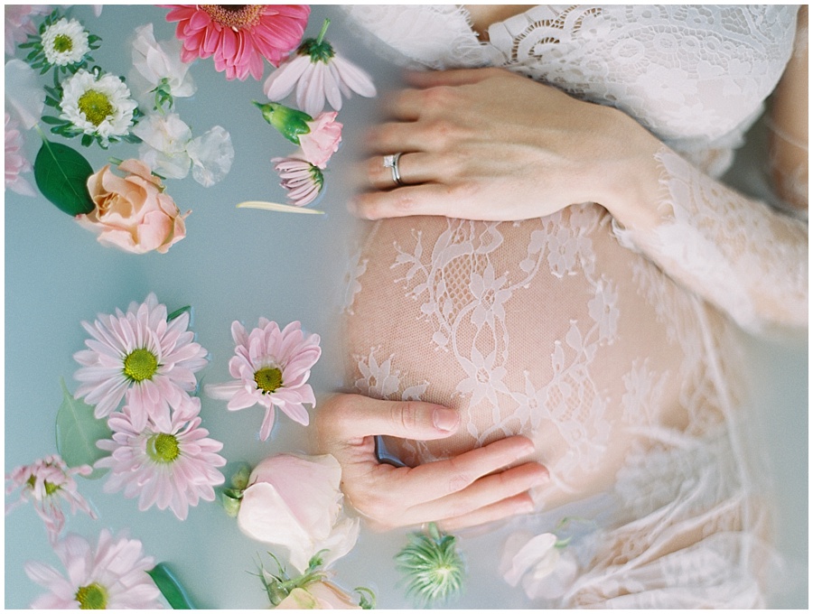 Maternity Session Milk Bath in White Lace Dress © Bonnie Sen Photography