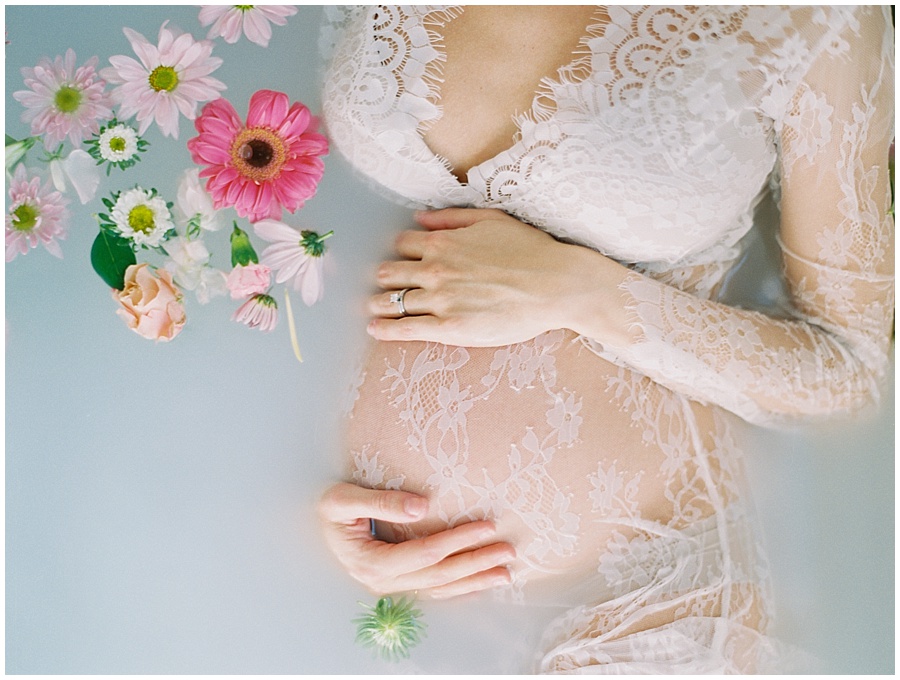 Maternity Session Milk Bath in White Lace Dress - DC, MD and VA © Bonnie Sen Photography