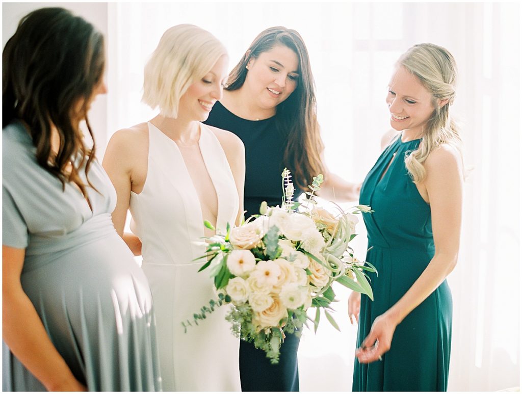 Bridesmaid Dresses in Shades of Green Modern Wedding Dress Florals by Kruse and Vieira Events © Bonnie Sen Photography
