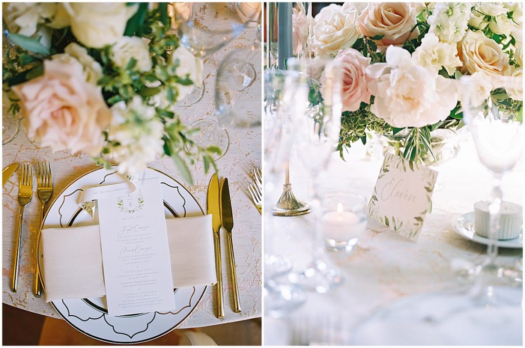 Blush and White Wedding by Sweet Root Village with Green Accents Gold Flatware © Bonnie Sen Photography