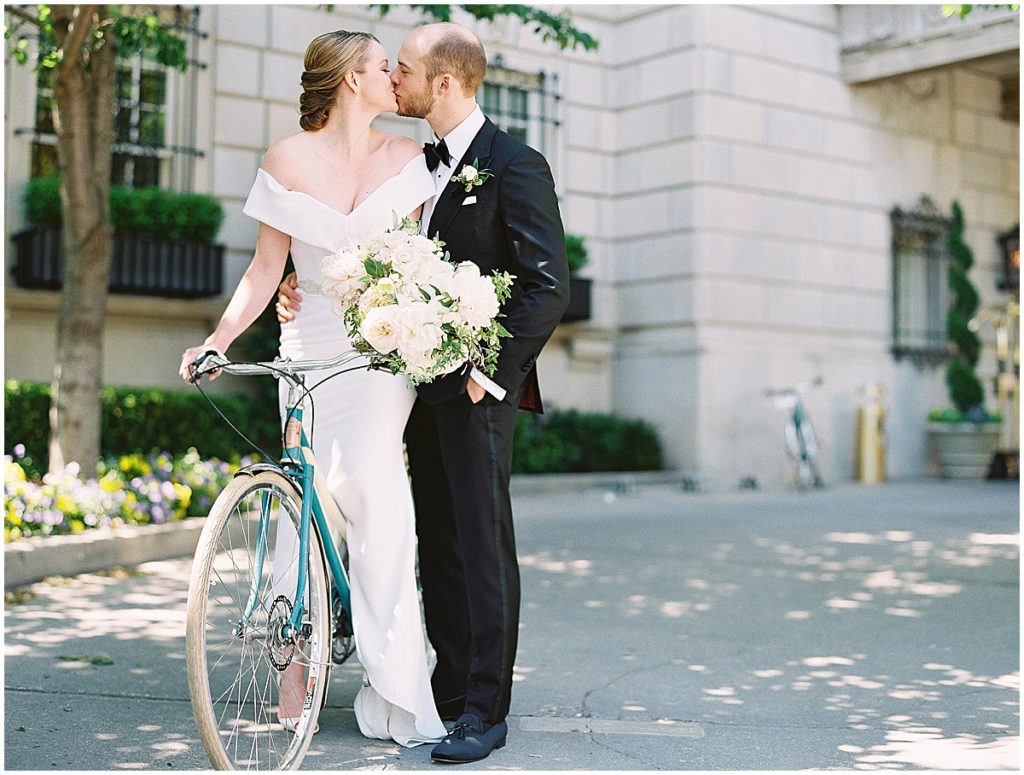 Bride and Groom on Bicycle Colorado Film Wedding Photographer © Bonnie Sen Photography