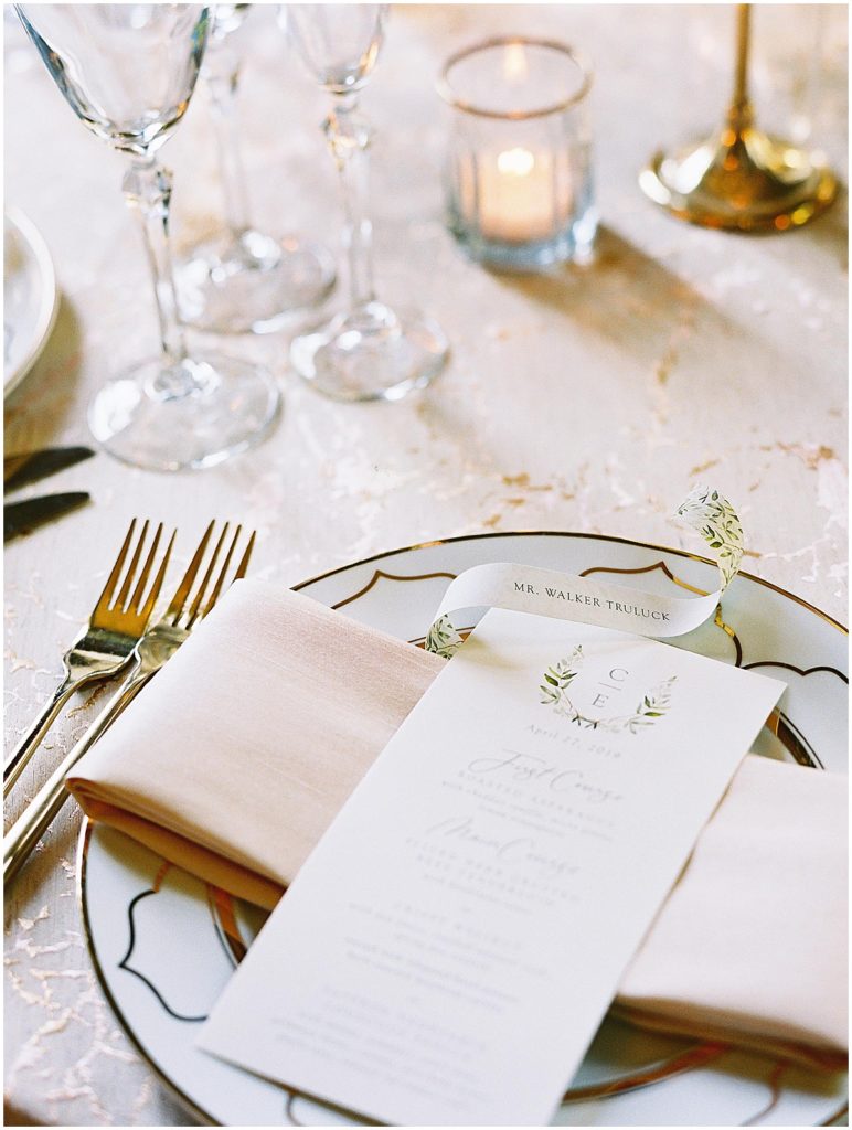 Classic Place Setting with Menu and Place Card Scroll Denver Wedding Photographer © Bonnie Sen Photography