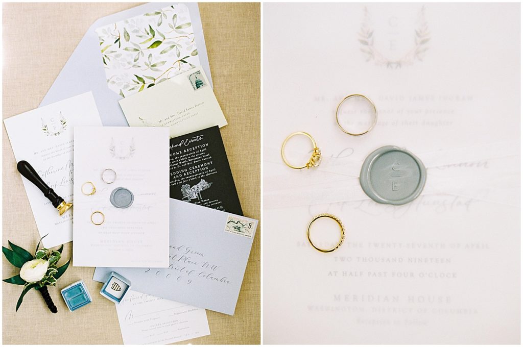 Pale Blue and White Wedding Invitations by Steph B. and Co with Vellum and Wax Seal © Bonnie Sen Photography