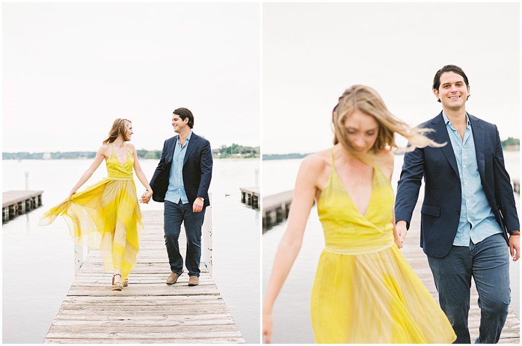 Lake Michigan Engagement Photos in Bright Yellow Dress © Bonnie Sen Photography