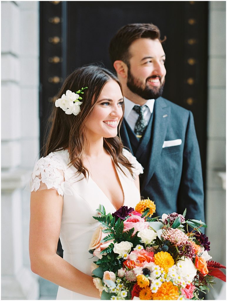 Bridal Hair Flowers Bright and Colorful Wedding Bouquet Amsale Wedding Dress Indochino Suit © Bonnie Sen Photography