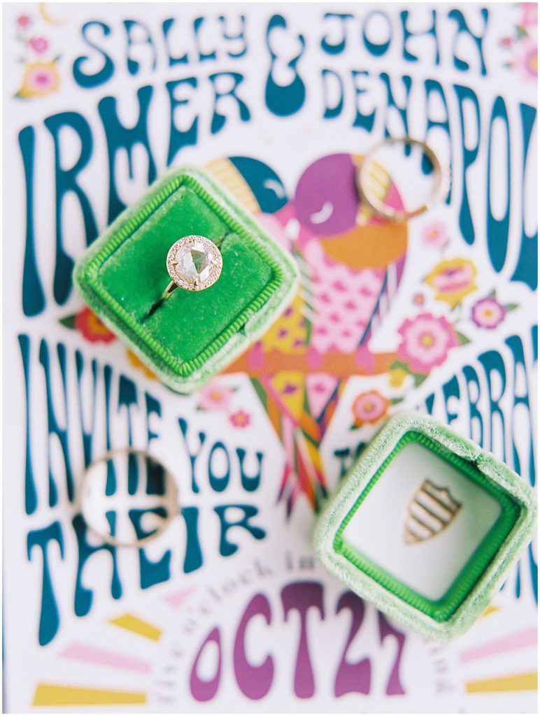 Bright Green Mrs Box for 70s Inspired Wedding © Bonnie Sen Photography