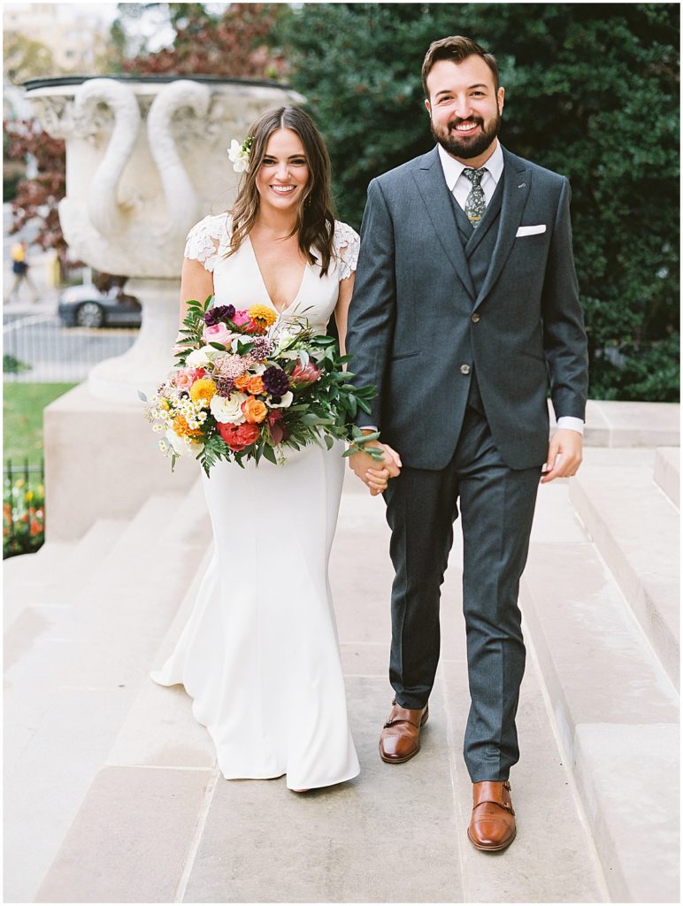 Bright and Colorful Bridal Bouquet Amsale Wedding Dress Indochino Suit © Bonnie Sen Photography