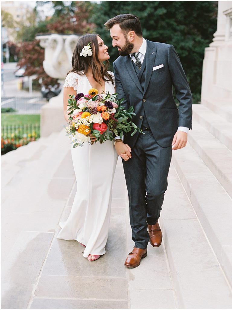Bright and Colorful Wedding Bouquet Amsale Wedding Dress Indochino Suit © Bonnie Sen Photography