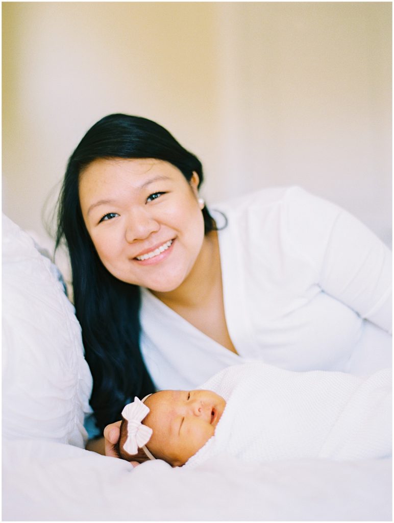 Mom and Daughter in White Newborn Photos Colorado Portrait Photographer © Bonnie Sen Photography