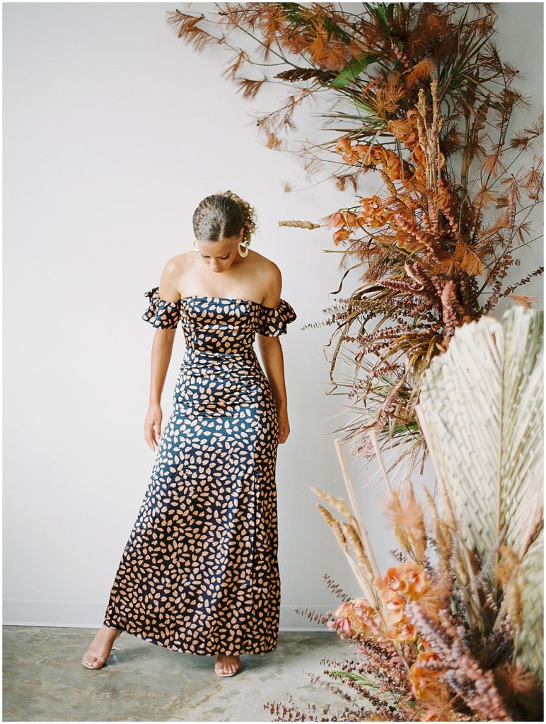 Off the Shoulder Black and Brown Dress Rehearsal Dinner Outfit Ideas © Bonnie Sen Photography