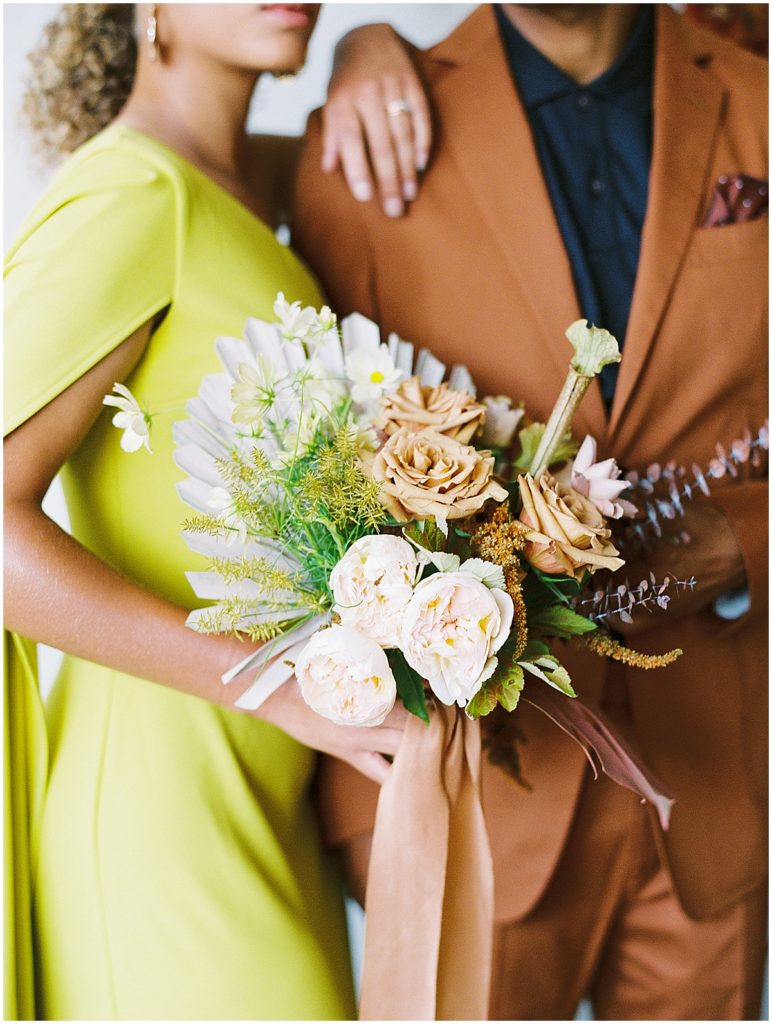 Unique Bright Yellow Dress and Brown Suit Colorado Wedding Photographer © Bonnie Sen Photography