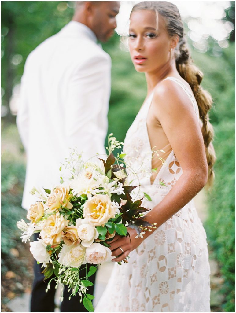 Modern Lace Wedding Dress with Long Braid Denver Colorado Wedding Photographer © Bonnie Sen Photography