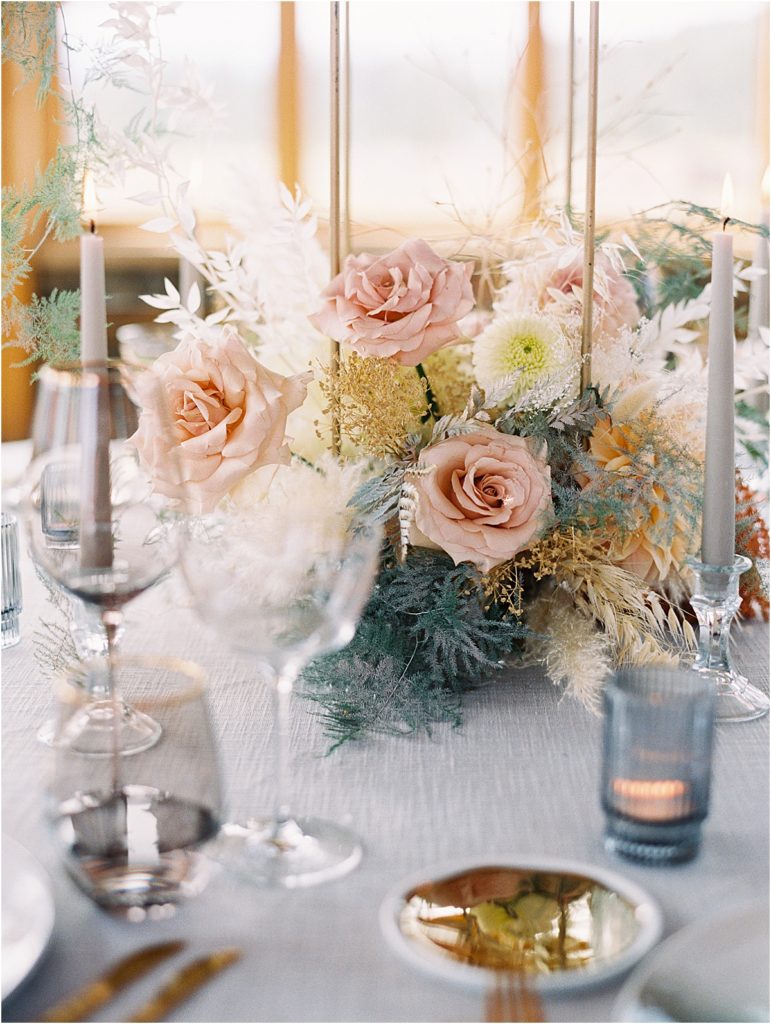 Amy Lauren Floral Design Wedding Centerpiece Pink Roses and Dried Flowers © Bonnie Sen Photography