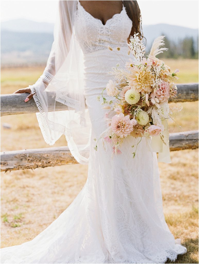Modern Lace Wedding Dress a&be Denver Dahlia Bridal Bouquet © Bonnie Sen Photography