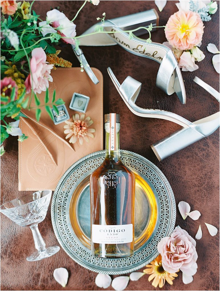 Denver Wedding Photographer Flat Lay with Tequila © Bonnie Sen Photography