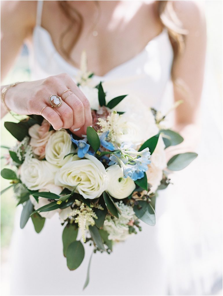 White and Blue Bridal Bouquet Vintage Magnolia Vail © Bonnie Sen Photography